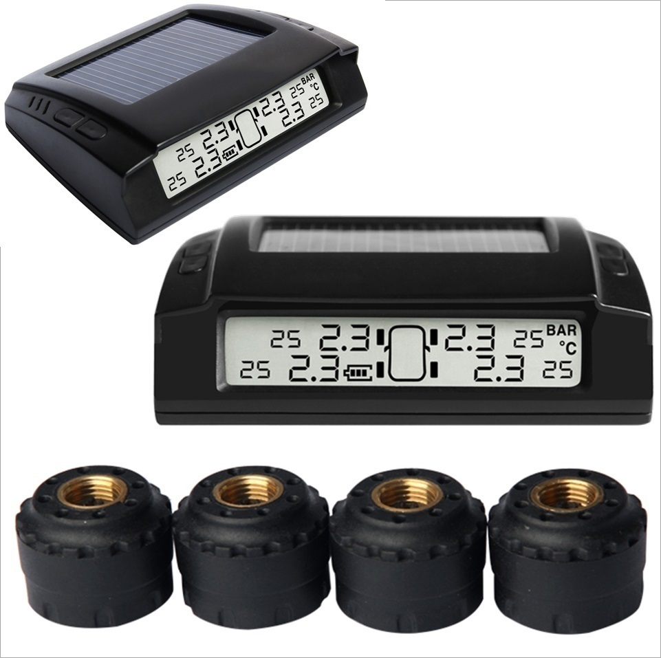 Favoto TPMS Car Tire Pressure Monitoring System Solar Power LCD Screen Universal with 4 External TPMS Sensors Real-time Monitor Tires Pressure & Temperature 14.5-72PSI/1-5Bar 