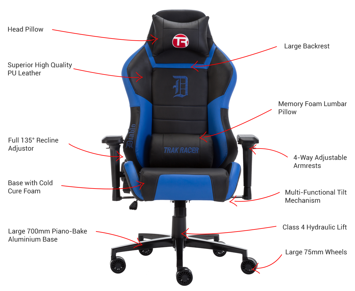 Trak Racer Diablo Premium Gaming Chair Superior Pu Leather In Black Blue