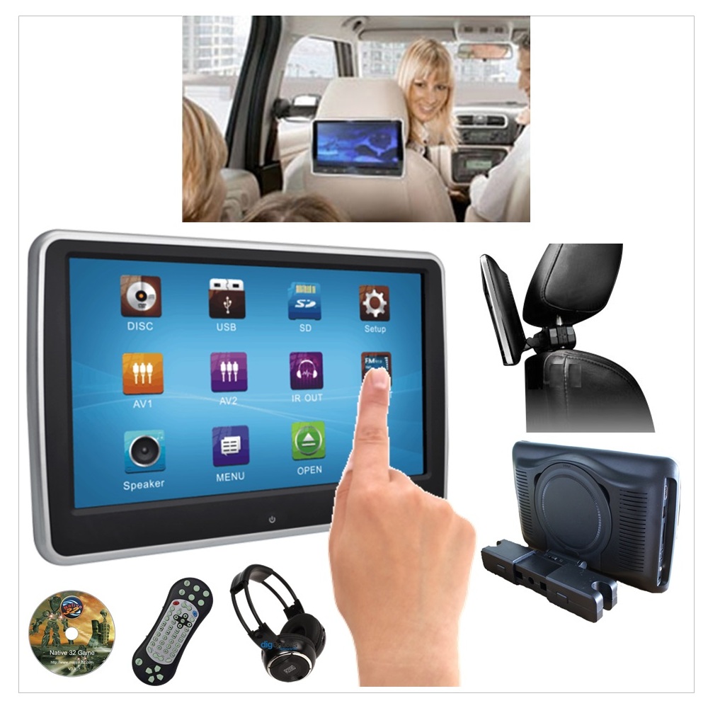 10.1" Slim Touch Screen Active Car Headrest DVD Player Dig. Monitor TFT Screen HDMI Game