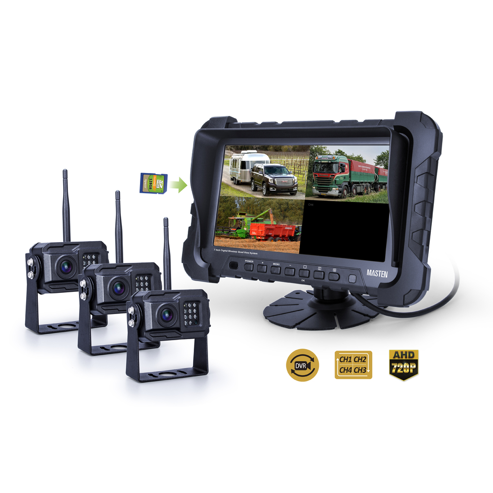 2.4GHz AHD 720P Wireless Camera x3 System 7" Quad-View Monitor Kit Car Truck Digital Horse Float