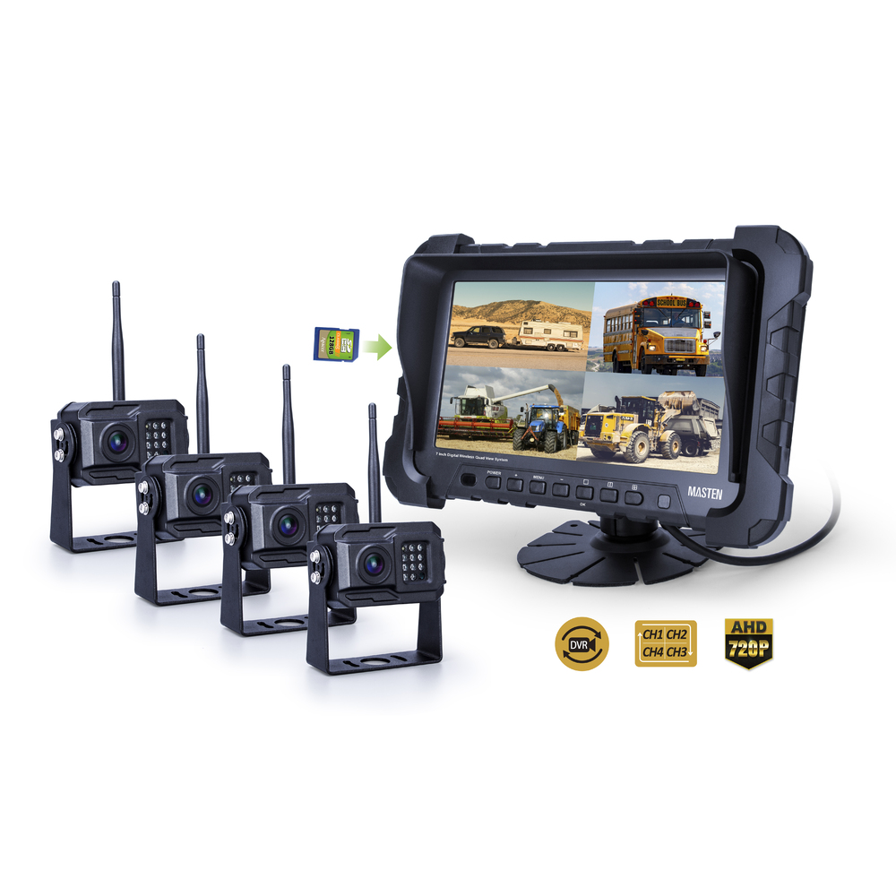 7" Digital Quad View Wireless Monitor DVR Split Screen Kit with 4x Reversing Camera 12V 24V 2.4GHz 720P Waterproof Night vision Float Cam Car